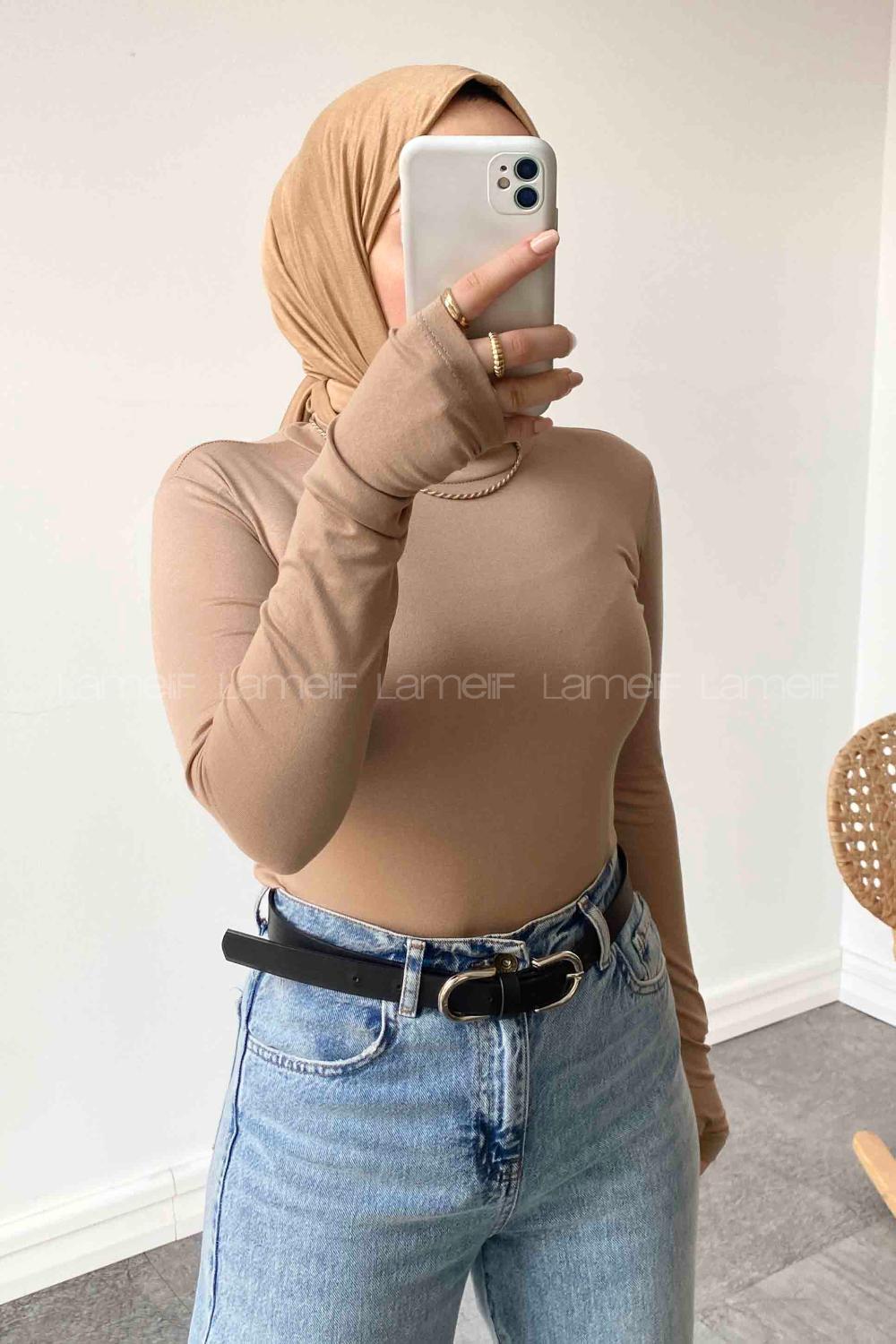 Lamelif Eldiven Detaylı Body Vizonrengi