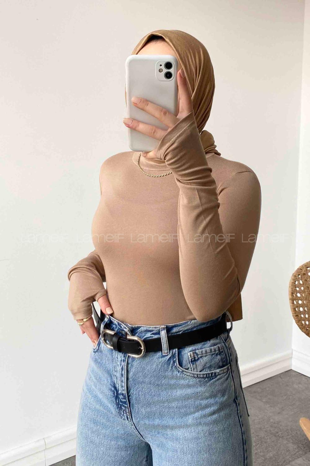 Lamelif Eldiven Detaylı Body Vizonrengi