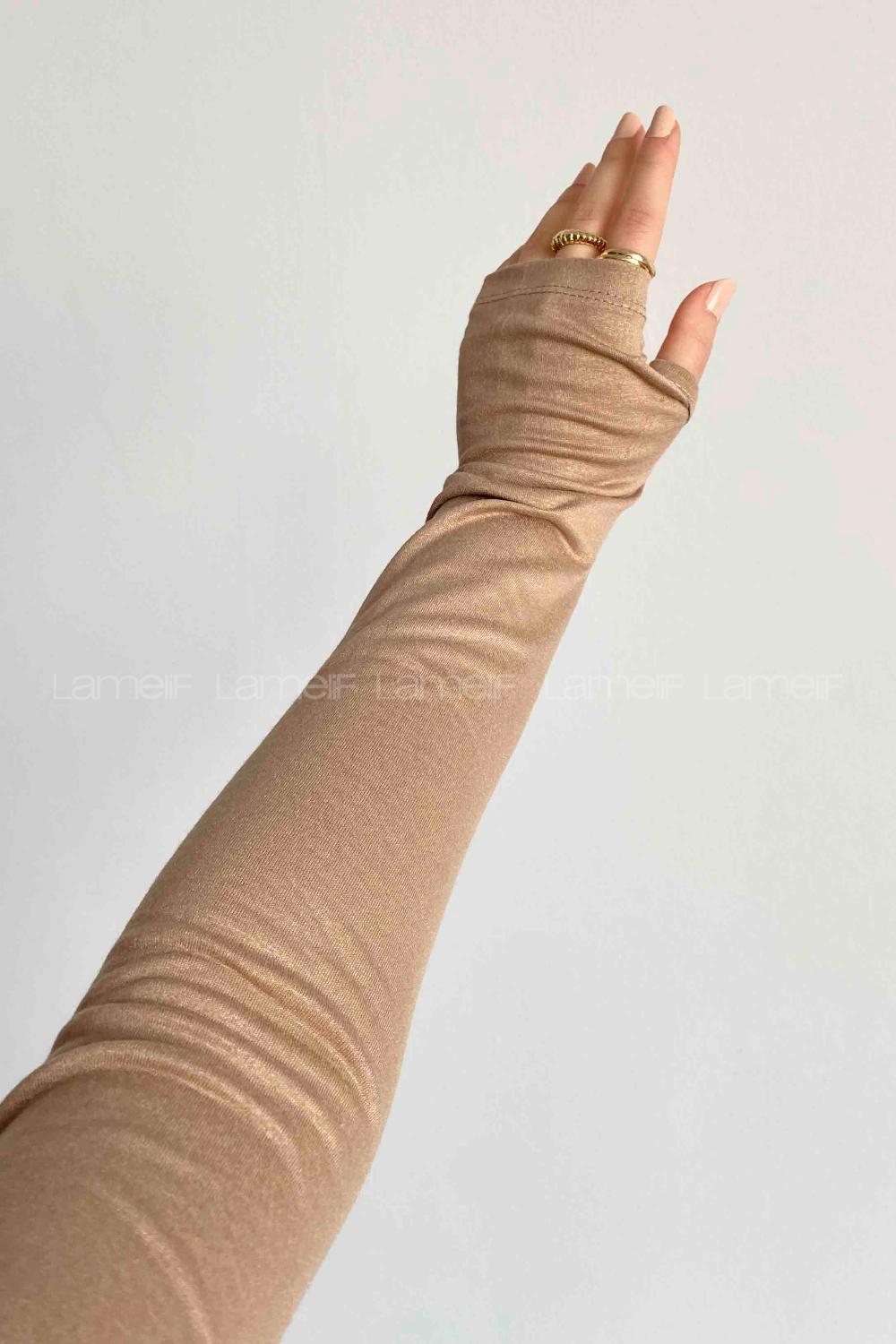 Lamelif Eldiven Detaylı Body Vizonrengi