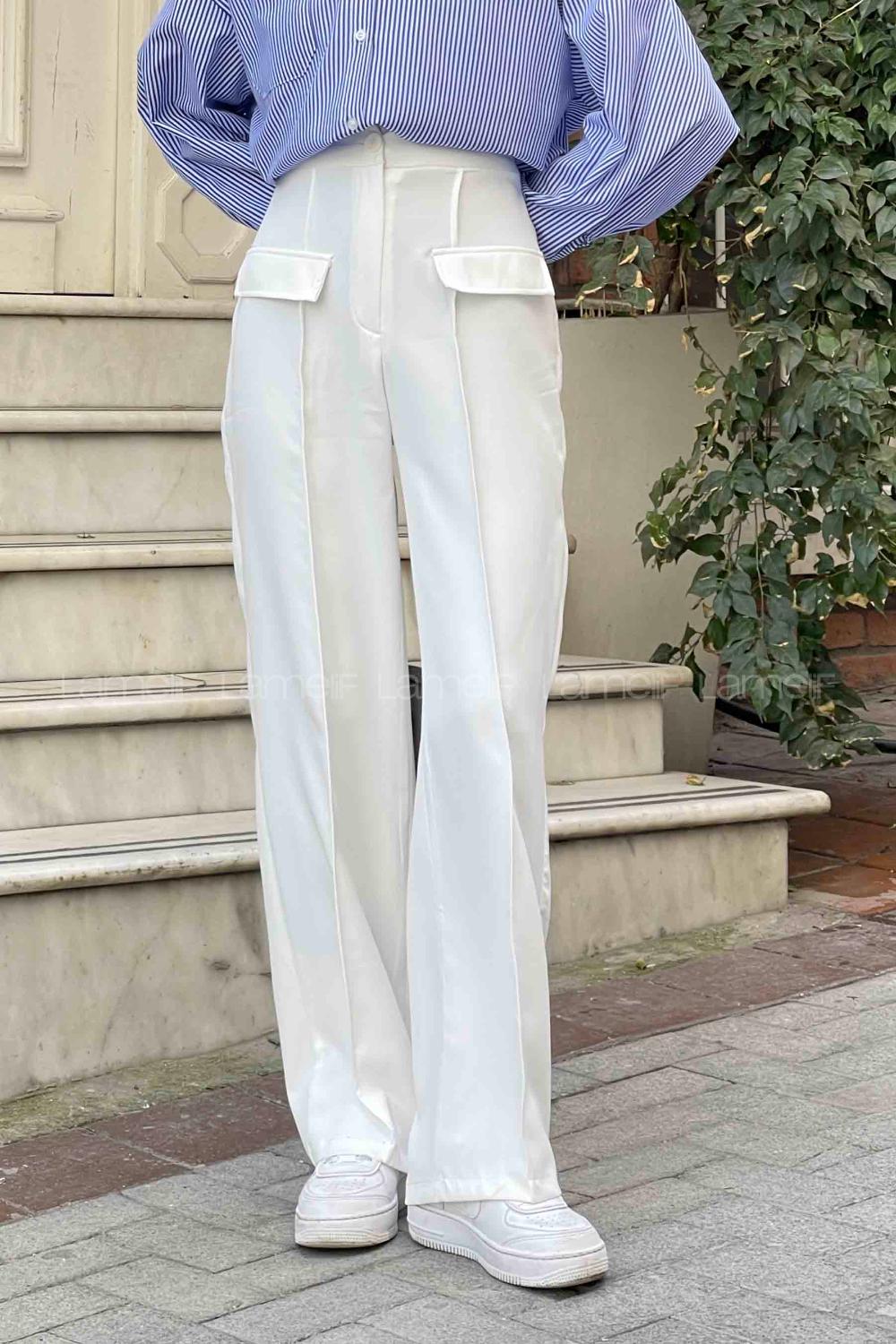 Lamelif Ön Kapak Cep Detaylı Çimalı Pantalon Ekru