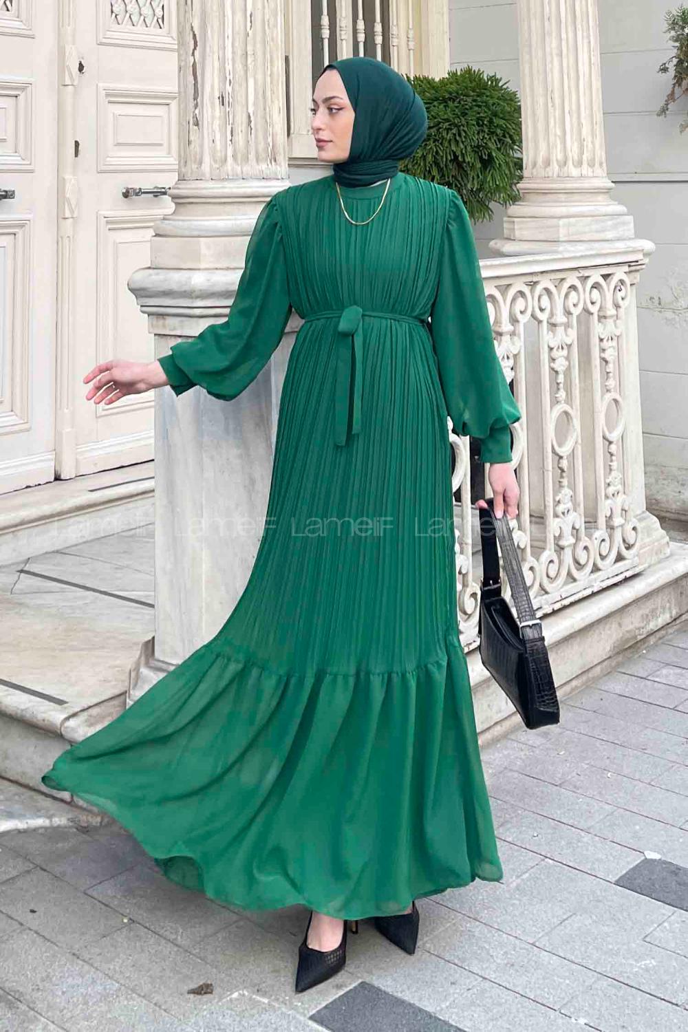 Lamelif Piliseli Şifon Elbise Yeşil