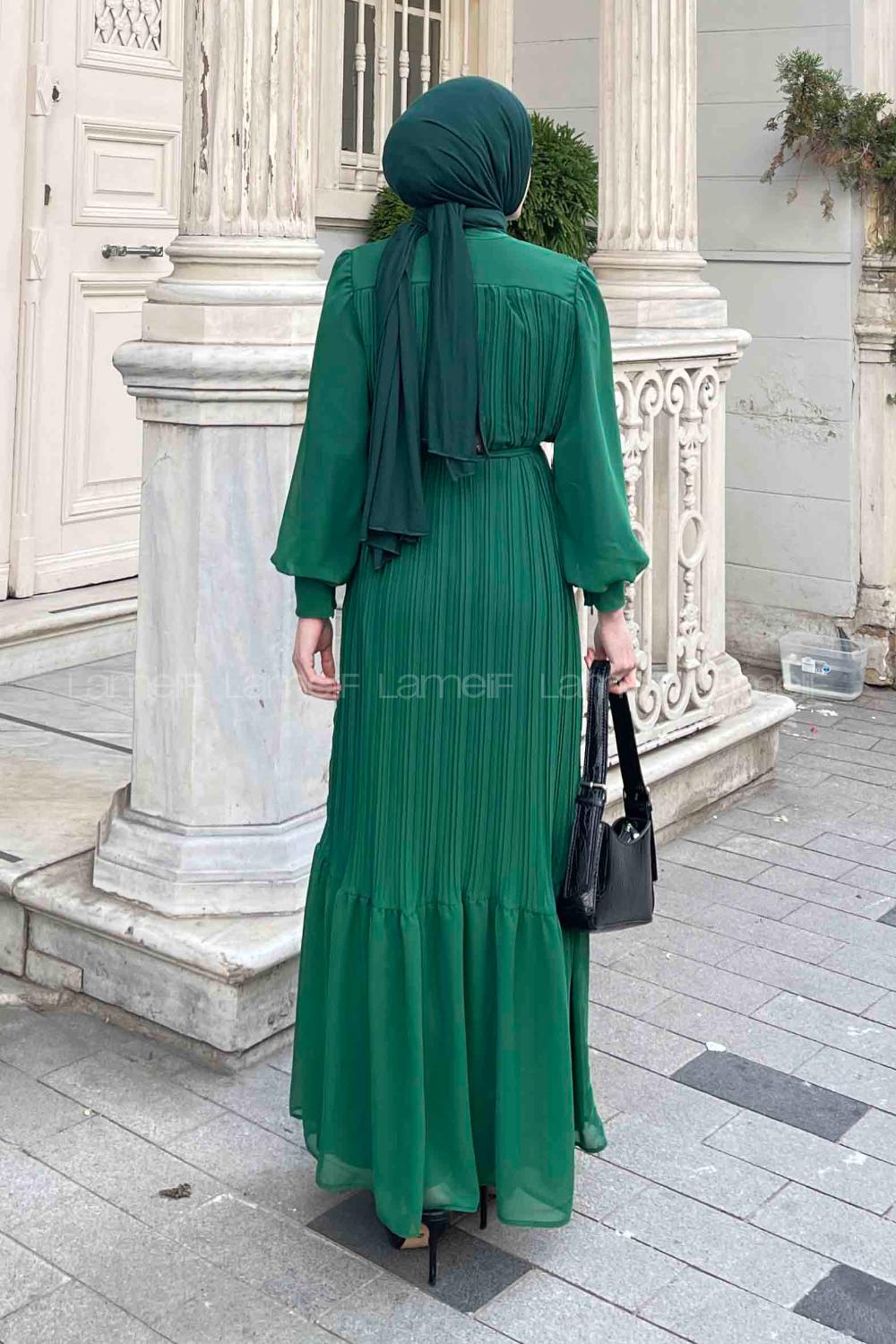 Lamelif Piliseli Şifon Elbise Yeşil