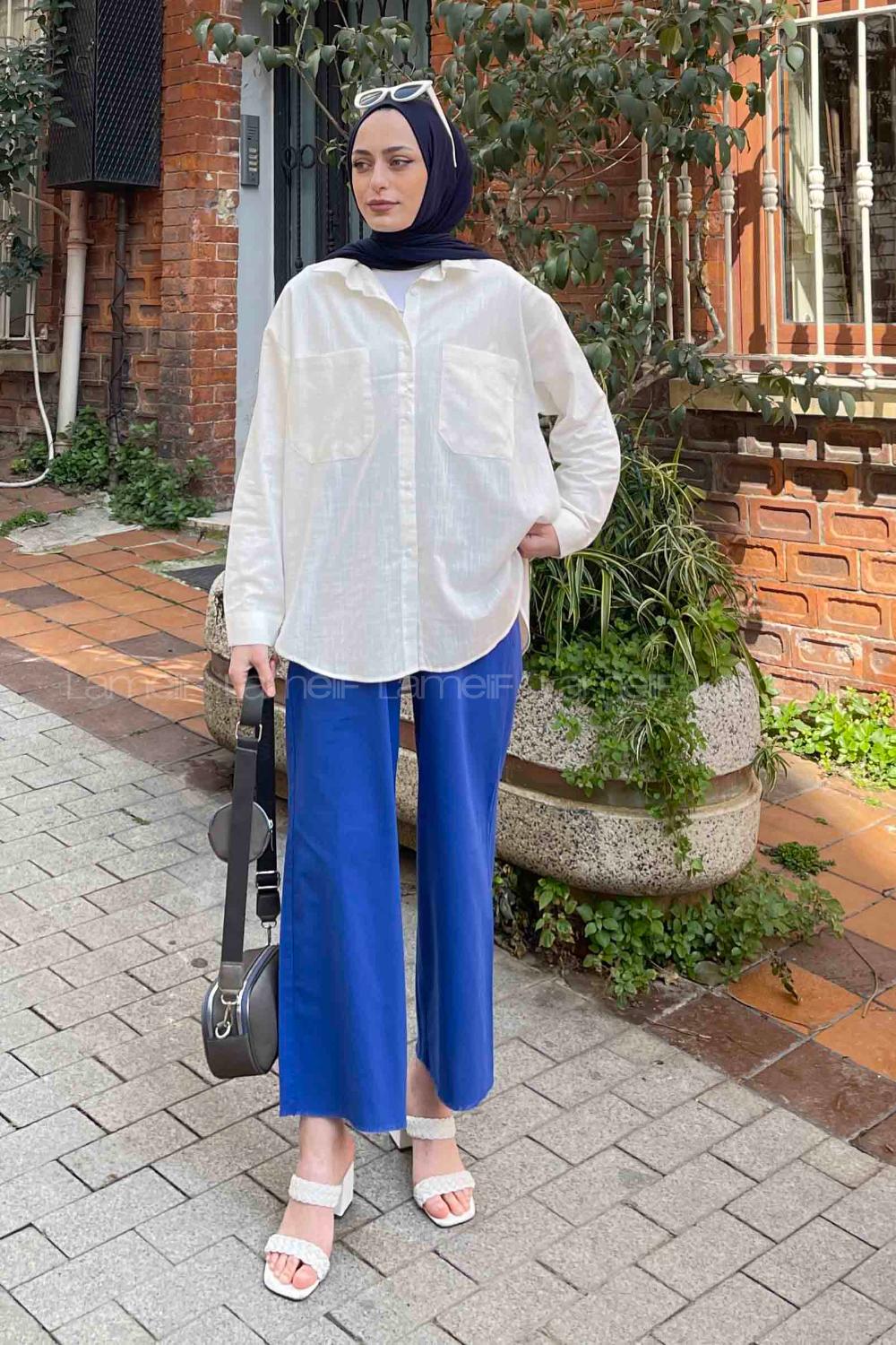 Lamelif Katlamalı Kol Detaylı Gömlek Ekru