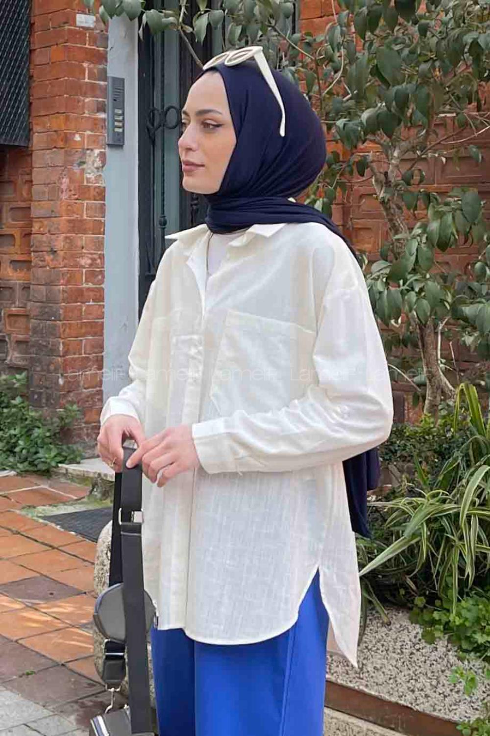 Lamelif Katlamalı Kol Detaylı Gömlek Ekru