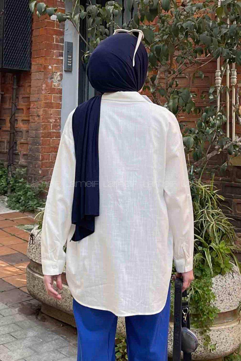 Lamelif Katlamalı Kol Detaylı Gömlek Ekru