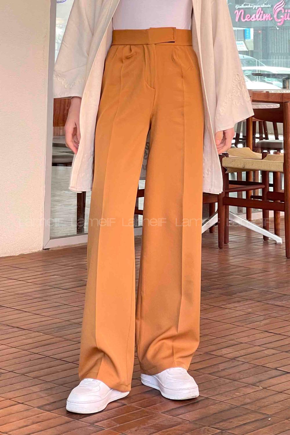 Lamelif Beli Cırt Cırtlı Palazzo Model Pantolon Camel
