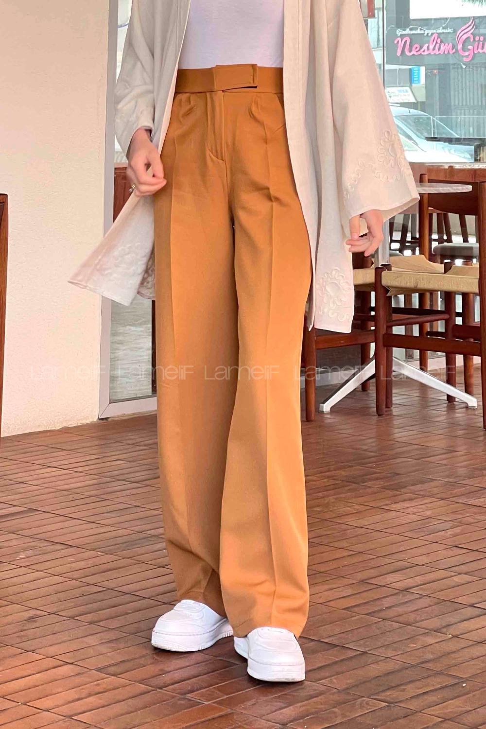 Lamelif Beli Cırt Cırtlı Palazzo Model Pantolon Camel