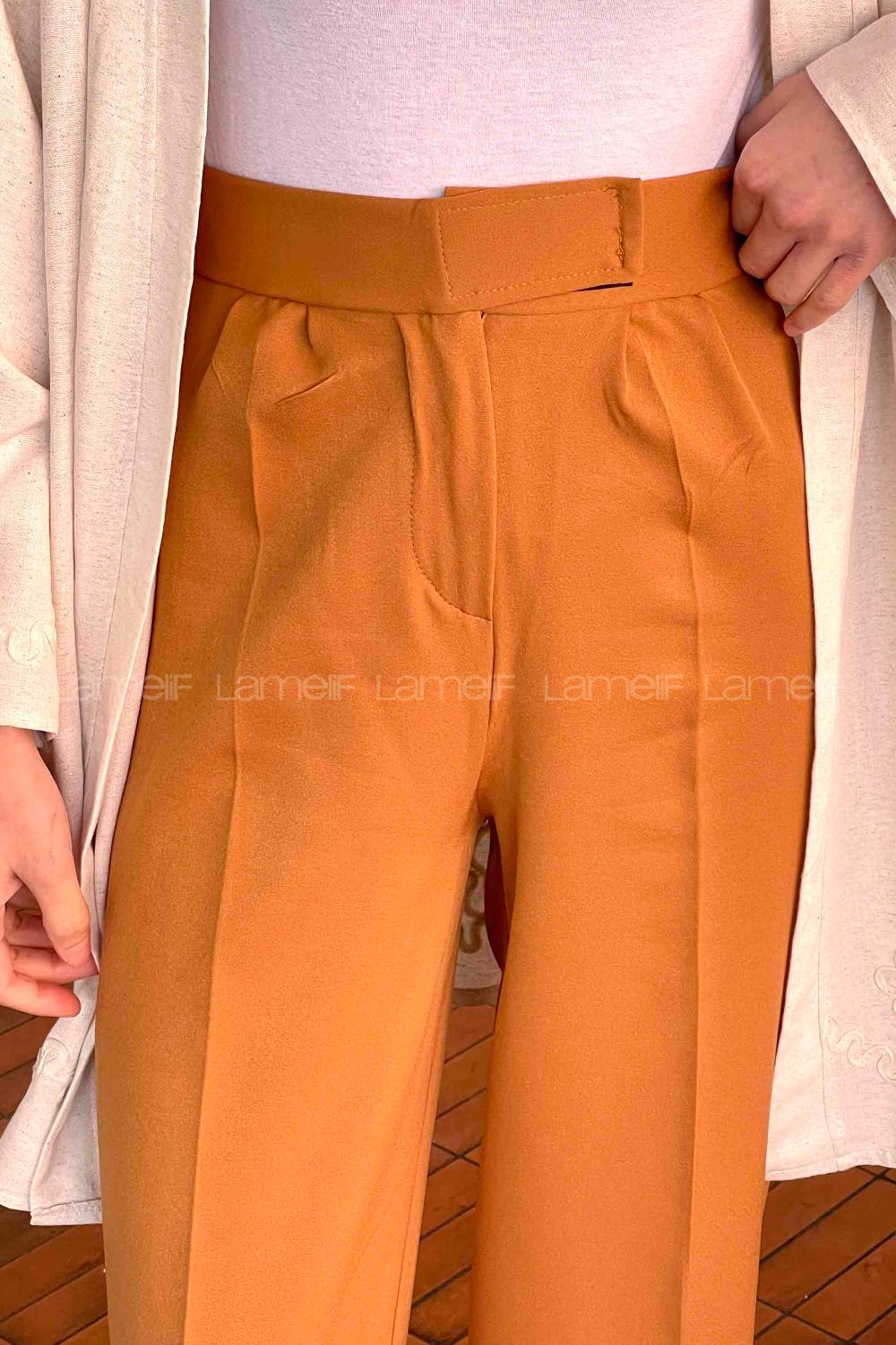 Lamelif Beli Cırt Cırtlı Palazzo Model Pantolon Camel
