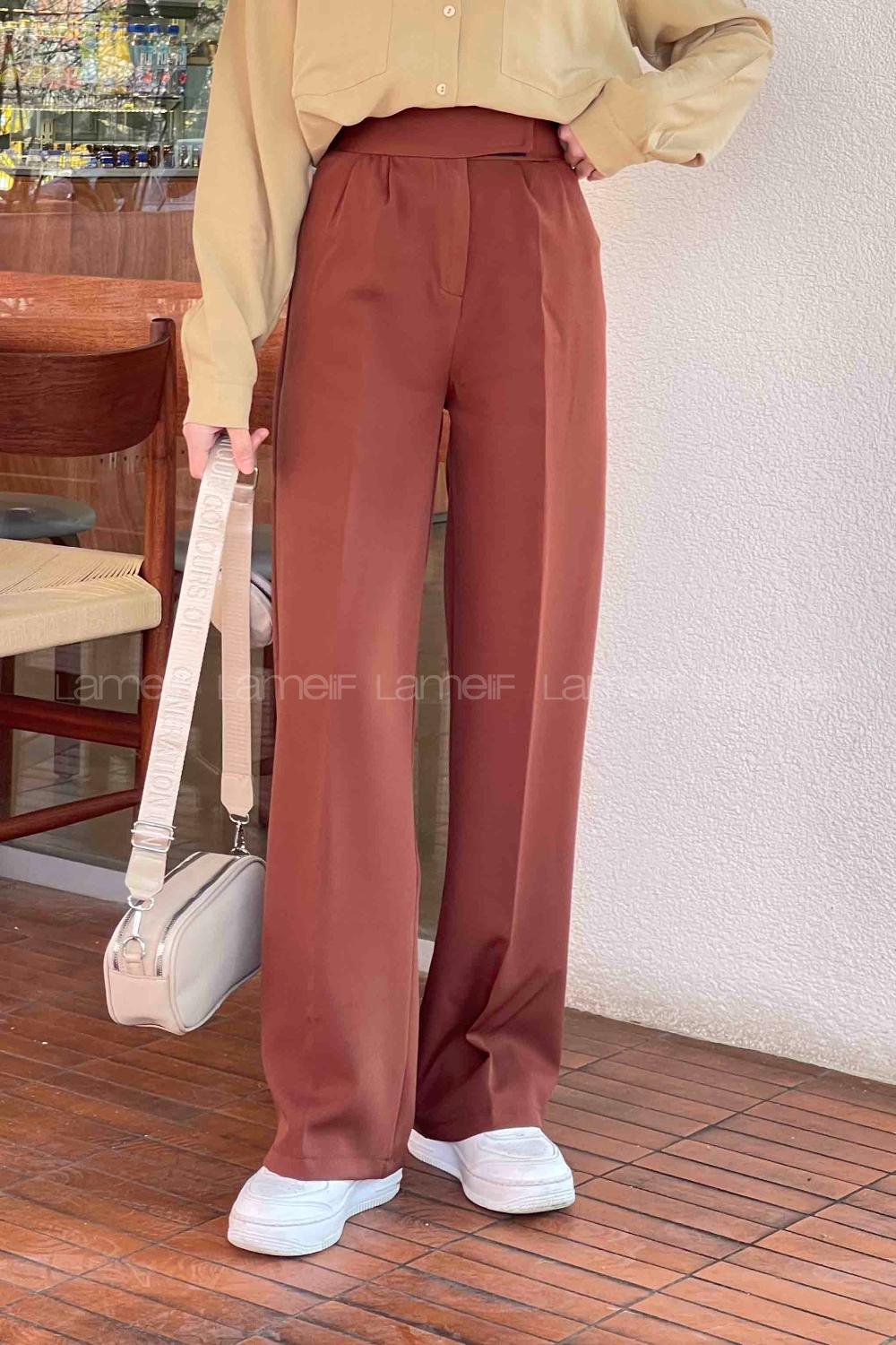 Lamelif Beli Cırt Cırtlı Palazzo Model Pantolon Kahverengi