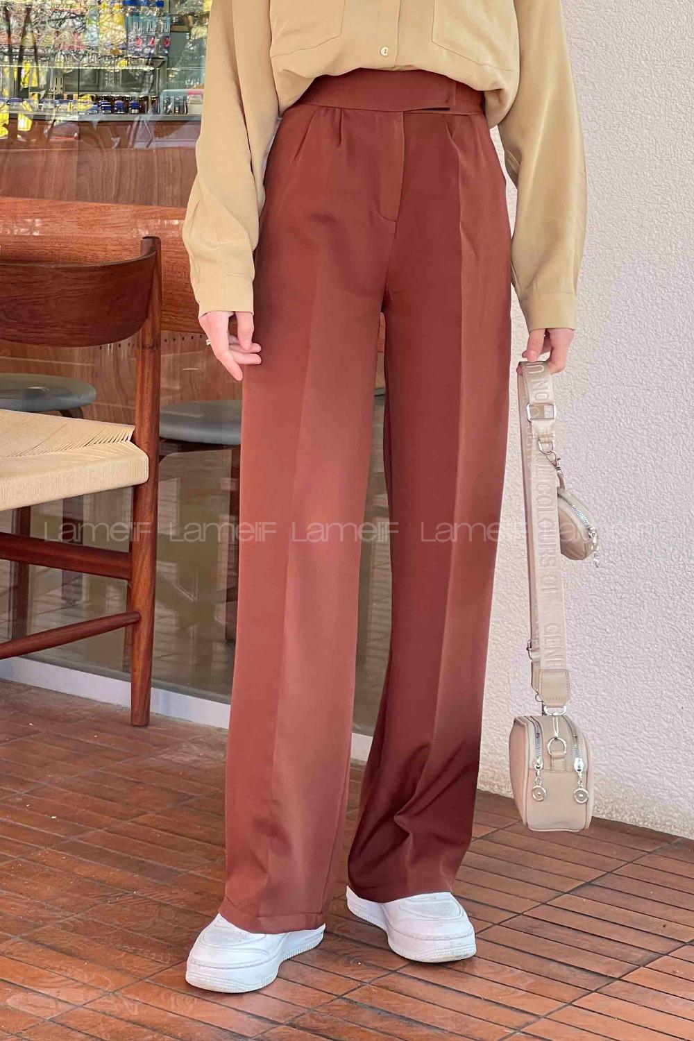 Lamelif Beli Cırt Cırtlı Palazzo Model Pantolon Kahverengi