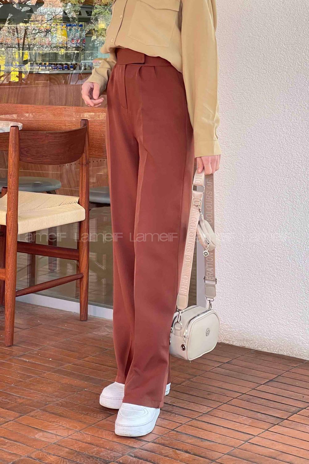 Lamelif Beli Cırt Cırtlı Palazzo Model Pantolon Kahverengi