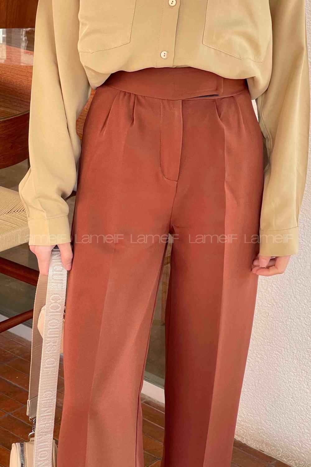 Lamelif Beli Cırt Cırtlı Palazzo Model Pantolon Kahverengi