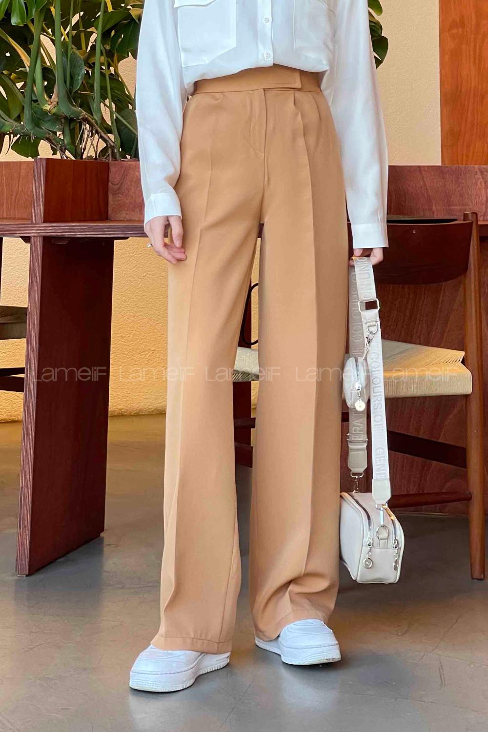 Lamelif Beli Cırt Cırtlı Palazzo Model Pantolon Sütlü Kahve