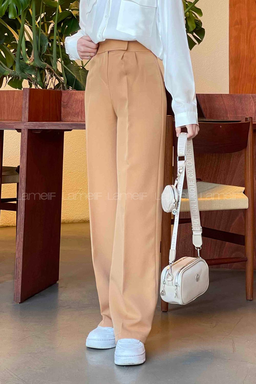 Lamelif Beli Cırt Cırtlı Palazzo Model Pantolon Sütlü Kahve