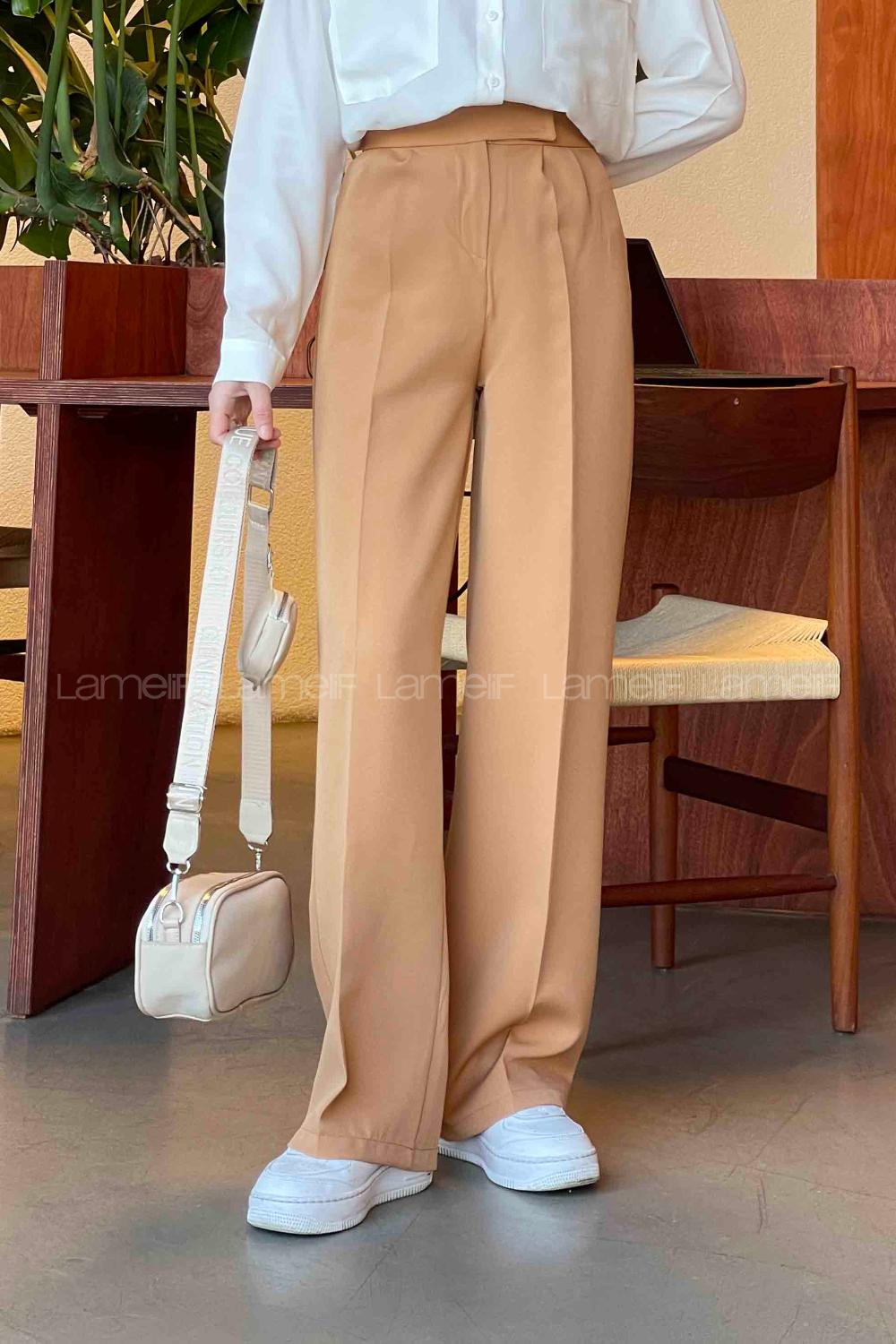 Lamelif Beli Cırt Cırtlı Palazzo Model Pantolon Sütlü Kahve