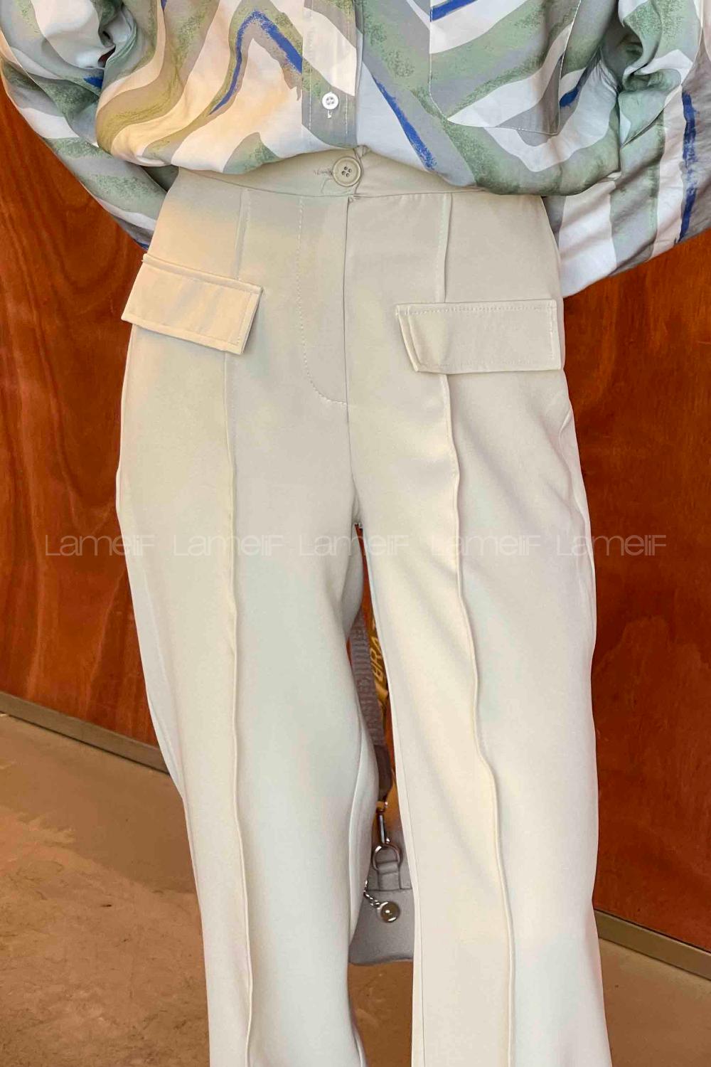 Lamelif Ön Kapak Cep Detaylı Çimalı Pantalon Bej