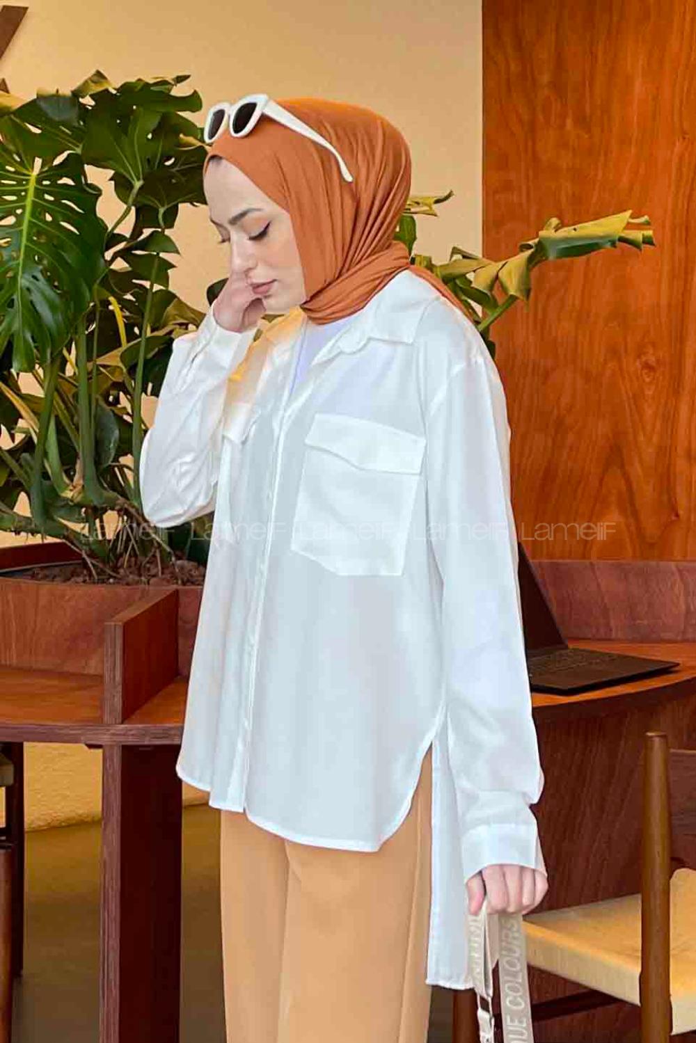 White Shirt Collar Long Arm Viscose Fabric Shirt
