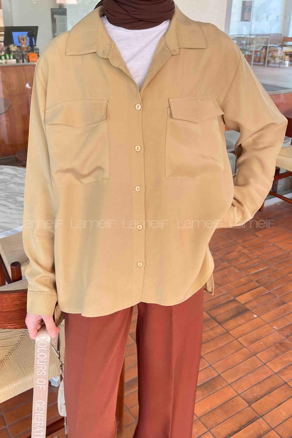 Lamelif Çift Kapak Cep Detaylı Gömlek Sütlü Kahve