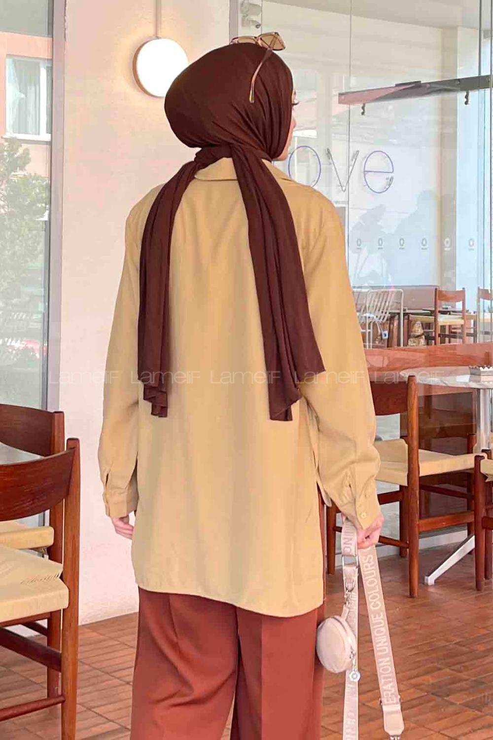 Lamelif Çift Kapak Cep Detaylı Gömlek Sütlü Kahve