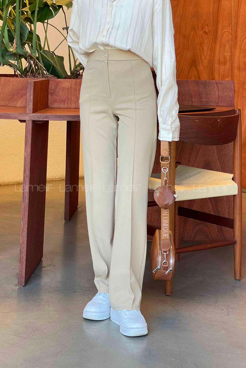 Lamelif Çımalı Bol Paça Pantolon Bej