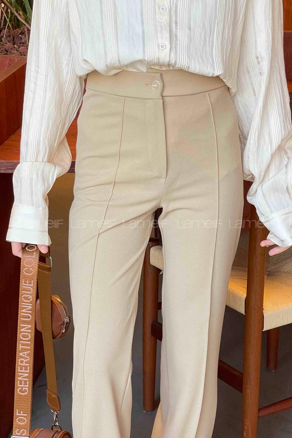 Lamelif Çımalı Bol Paça Pantolon Bej