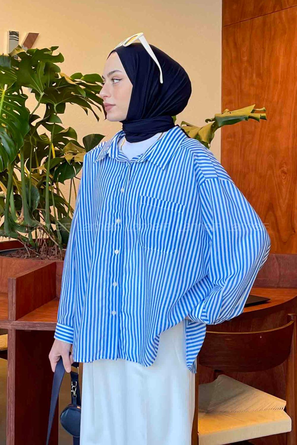 Lamelif Çizgili Oversize Gömlek İndigo