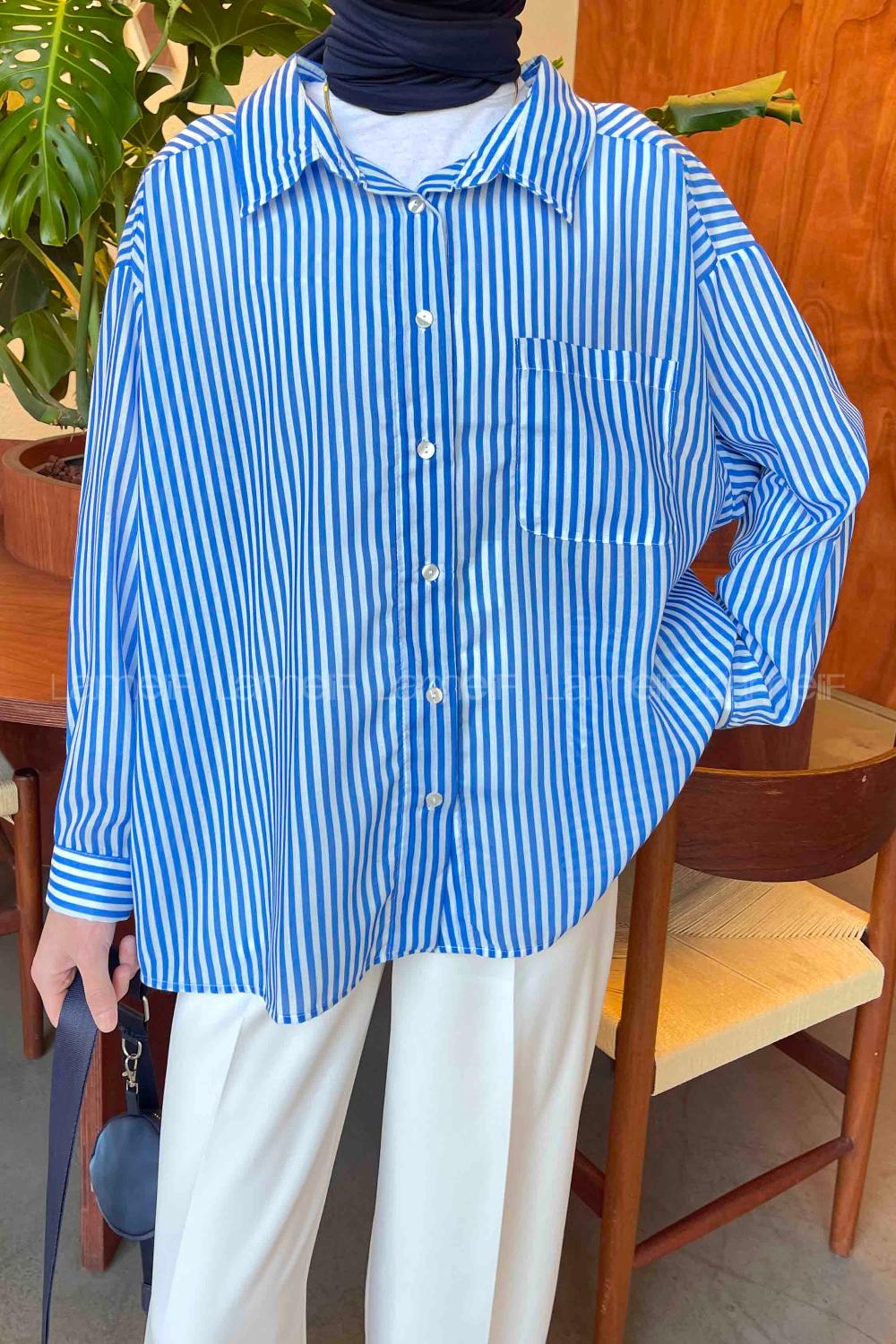 Lamelif Çizgili Oversize Gömlek İndigo