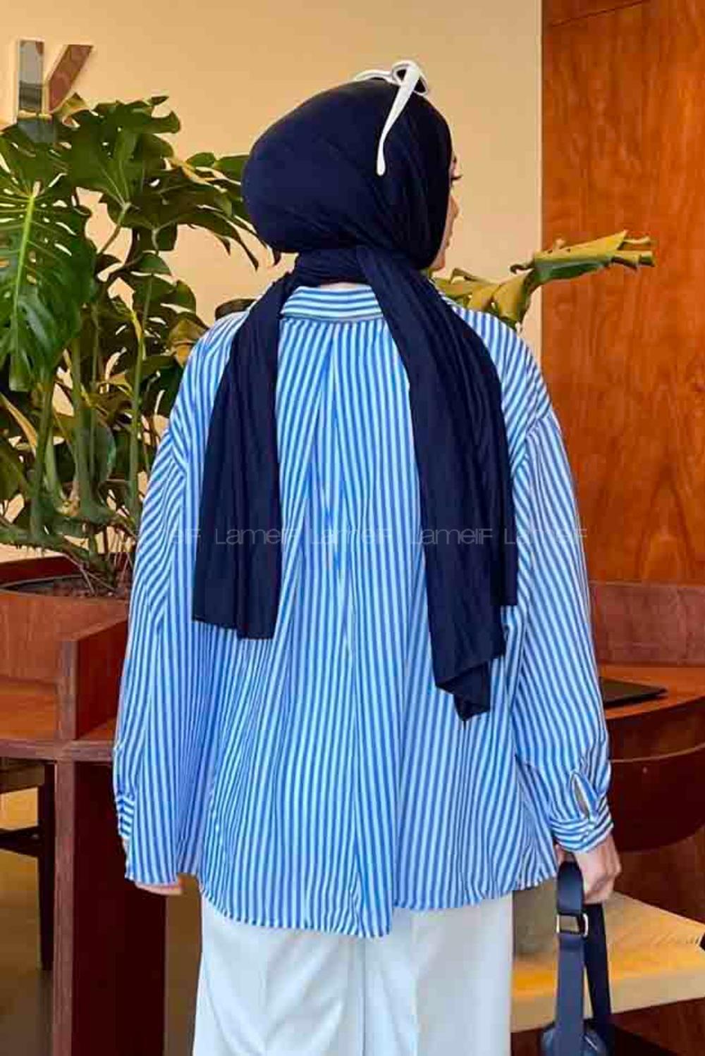 Lamelif Çizgili Oversize Gömlek İndigo