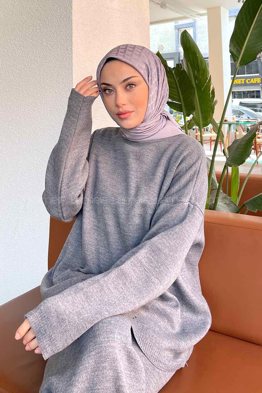 Lamelif Geometrik Desen Jakar Eşarp Gri