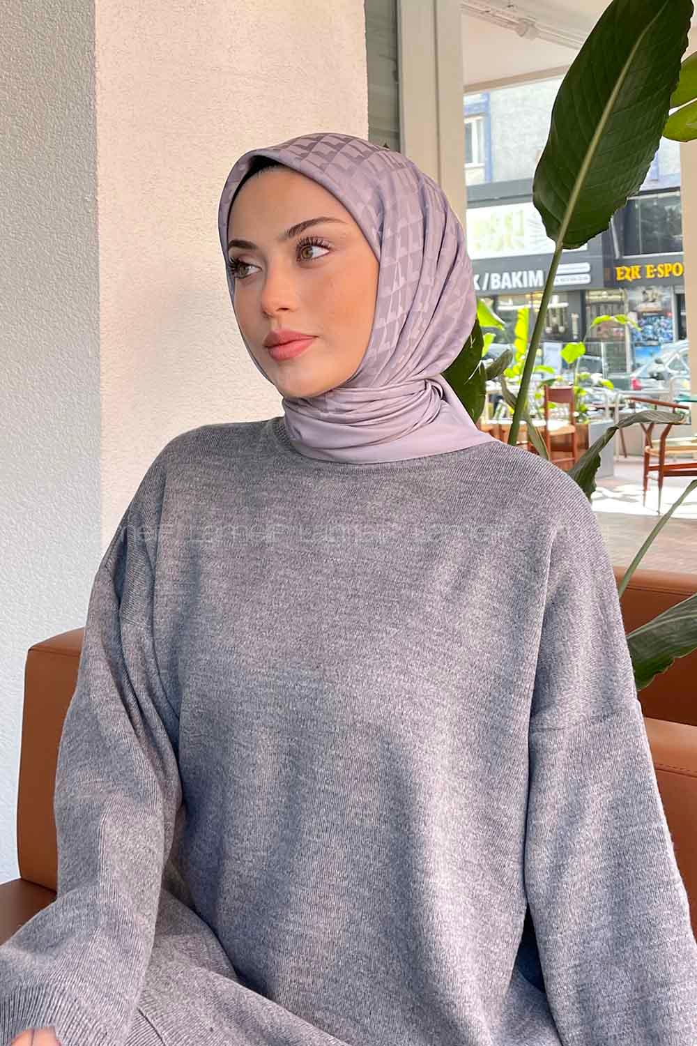 Lamelif Geometrik Desen Jakar Eşarp Gri