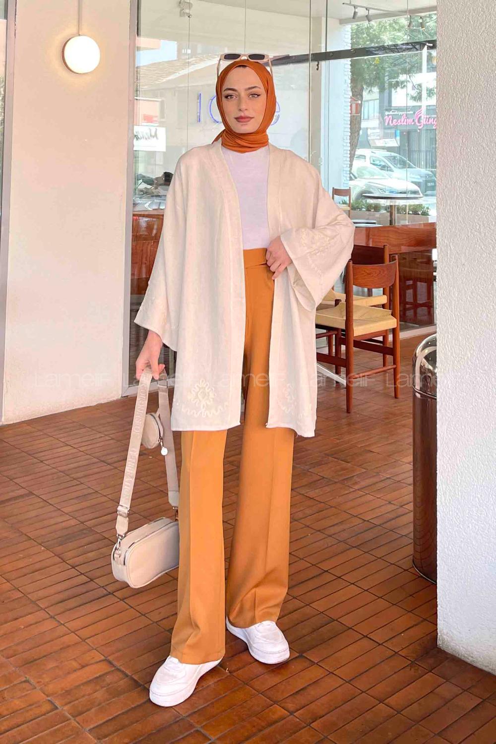 Lamelif Nakışlı Keten Kimono Ekru