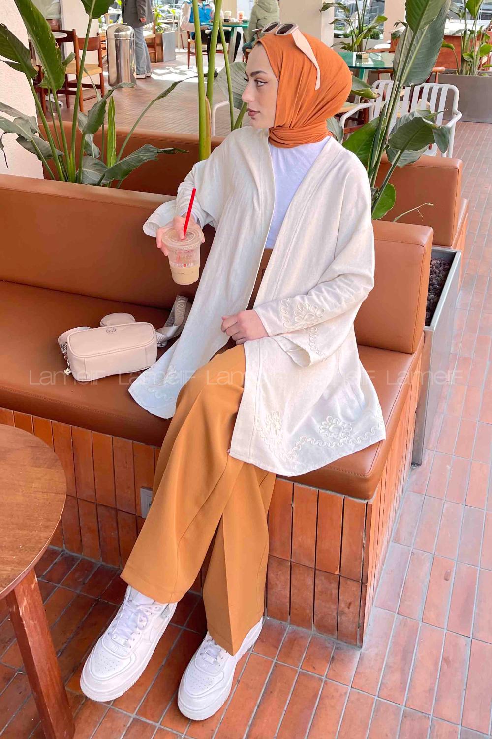 Lamelif Nakışlı Keten Kimono Ekru