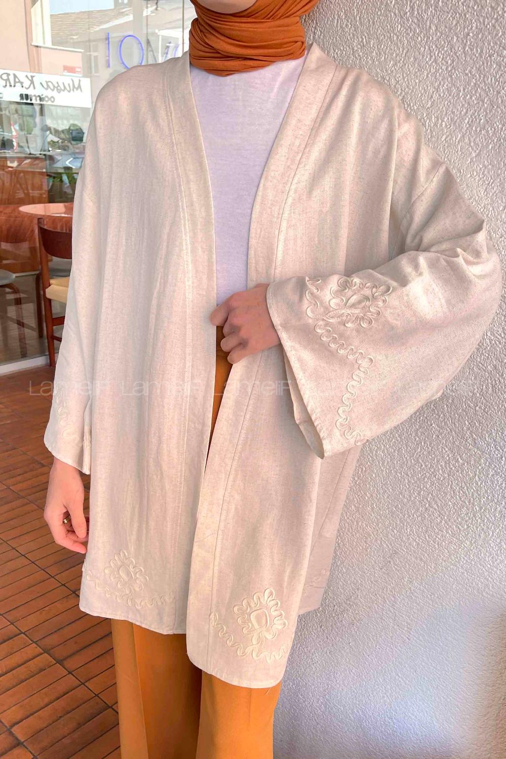 Lamelif Nakışlı Keten Kimono Ekru