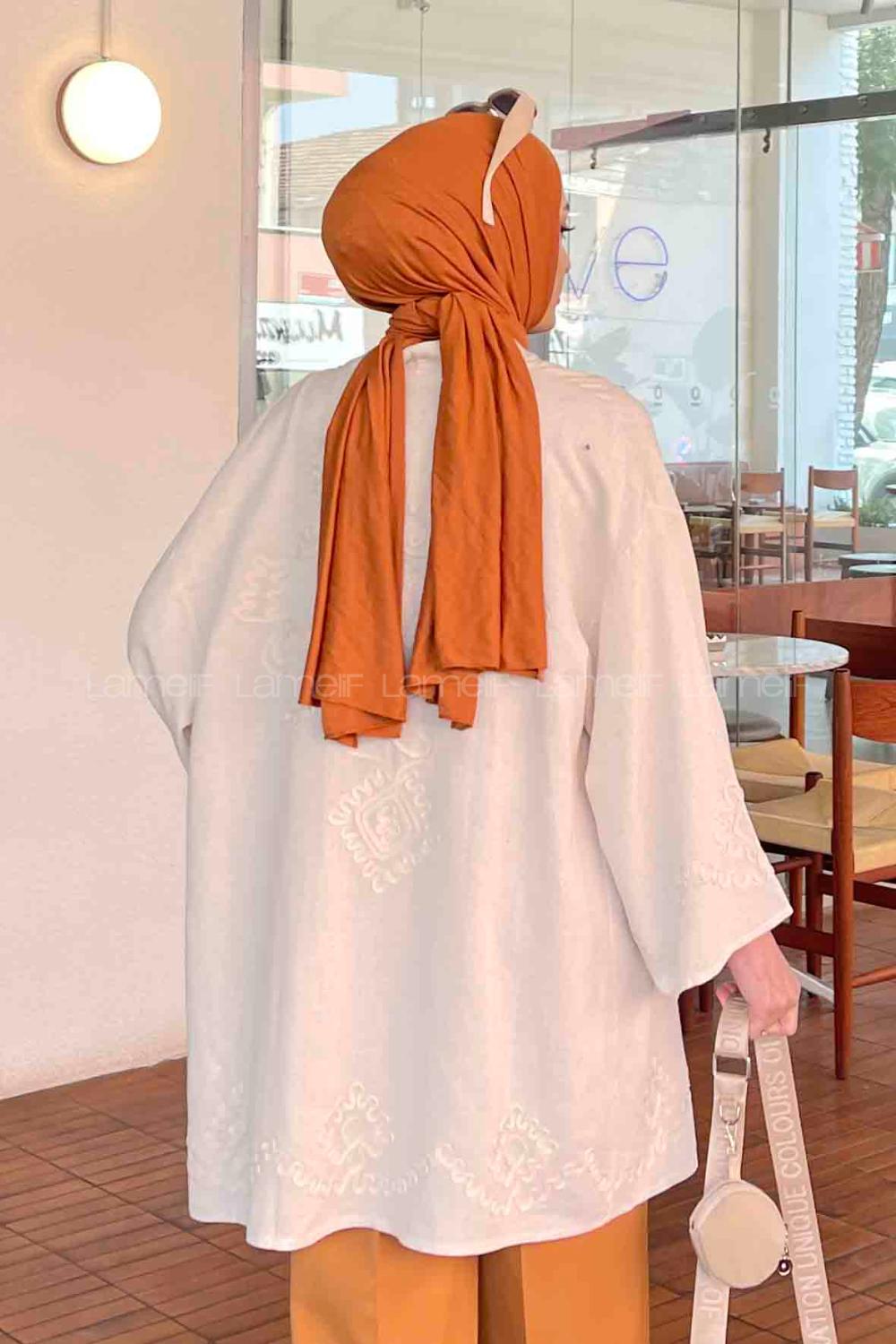 Lamelif Nakışlı Keten Kimono Ekru