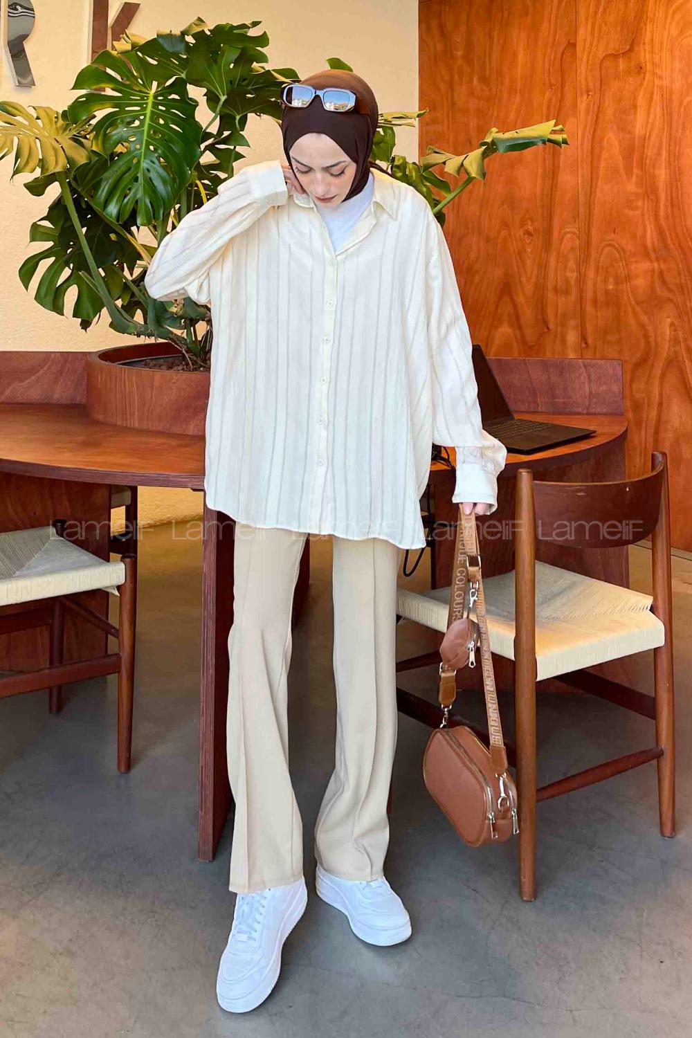 Cream Shirt Collar Long Arm Viscose Fabric Shirt