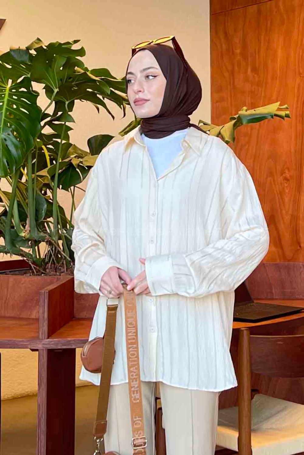 Cream Shirt Collar Long Arm Viscose Fabric Shirt