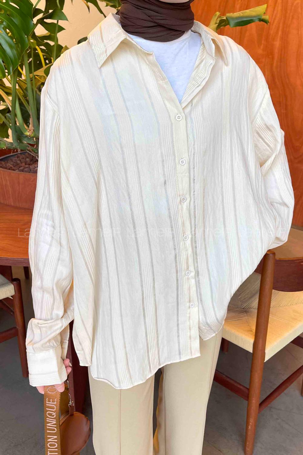 Cream Shirt Collar Long Arm Viscose Fabric Shirt