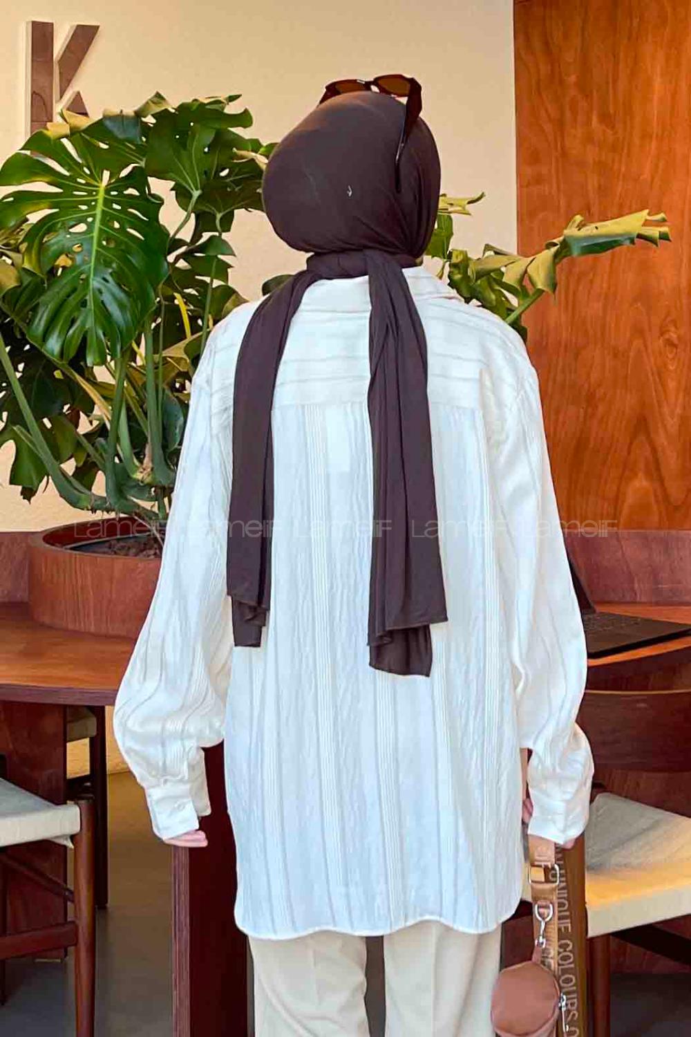 Cream Shirt Collar Long Arm Viscose Fabric Shirt