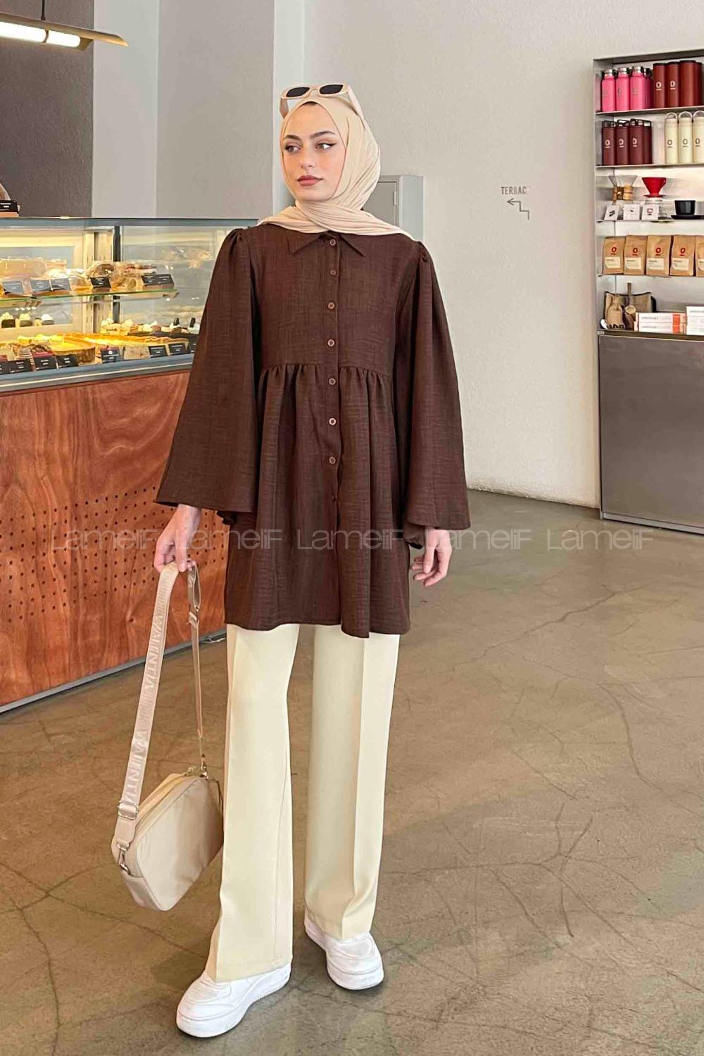 Lamelif Boydan Düğmeli Çan Kol Tunik Acı Kahve