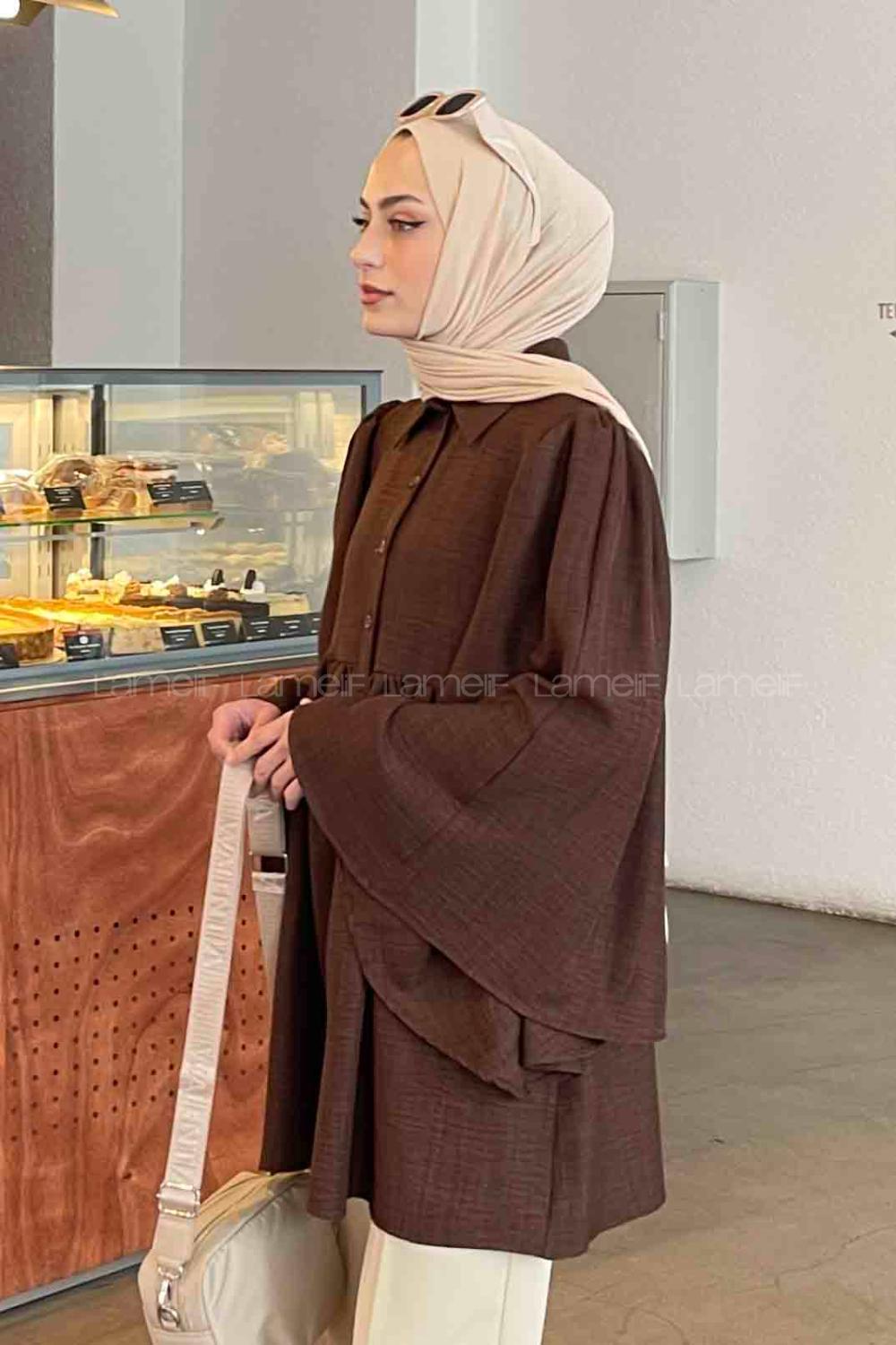 Lamelif Boydan Düğmeli Çan Kol Tunik Acı Kahve