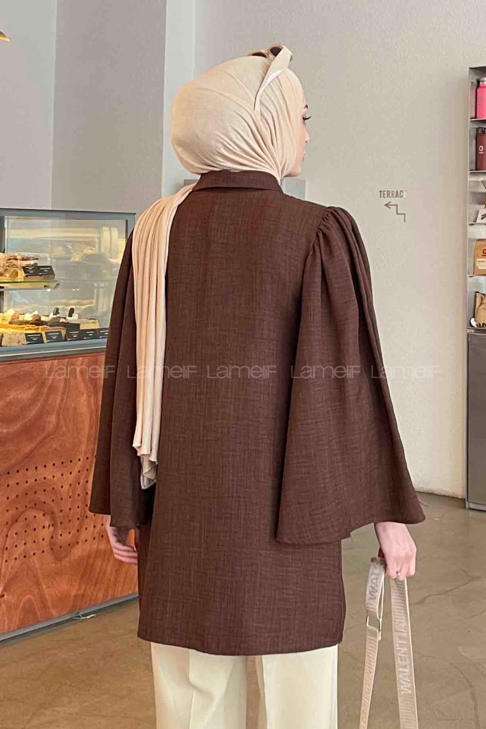 Lamelif Boydan Düğmeli Çan Kol Tunik Acı Kahve