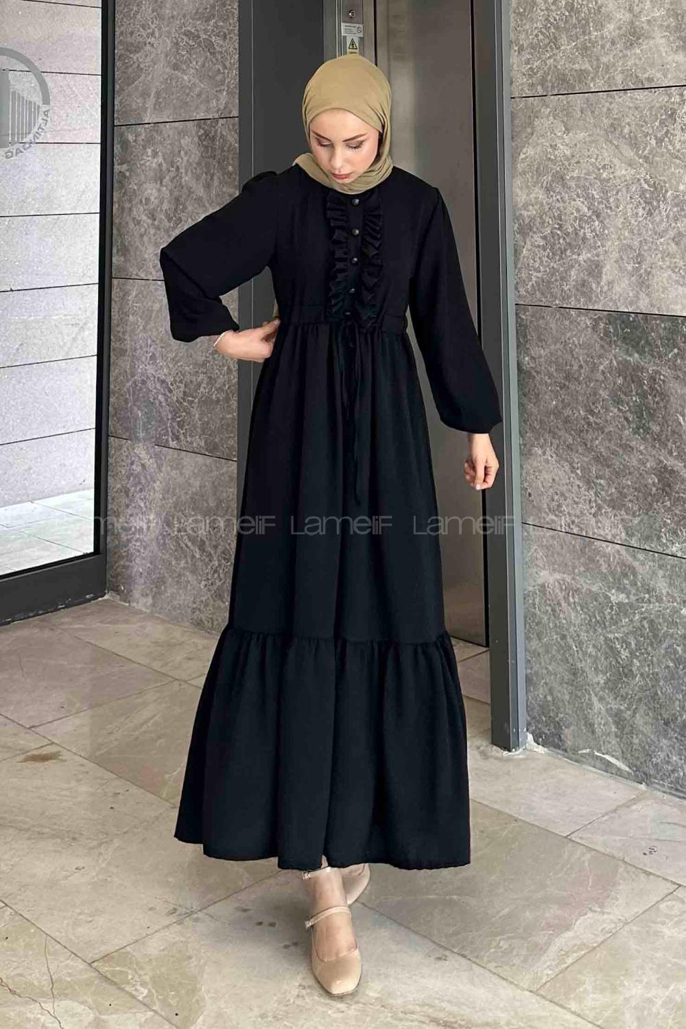 Lamelif Fırfır Detaylı Tünel Kemerli Elbise Siyah