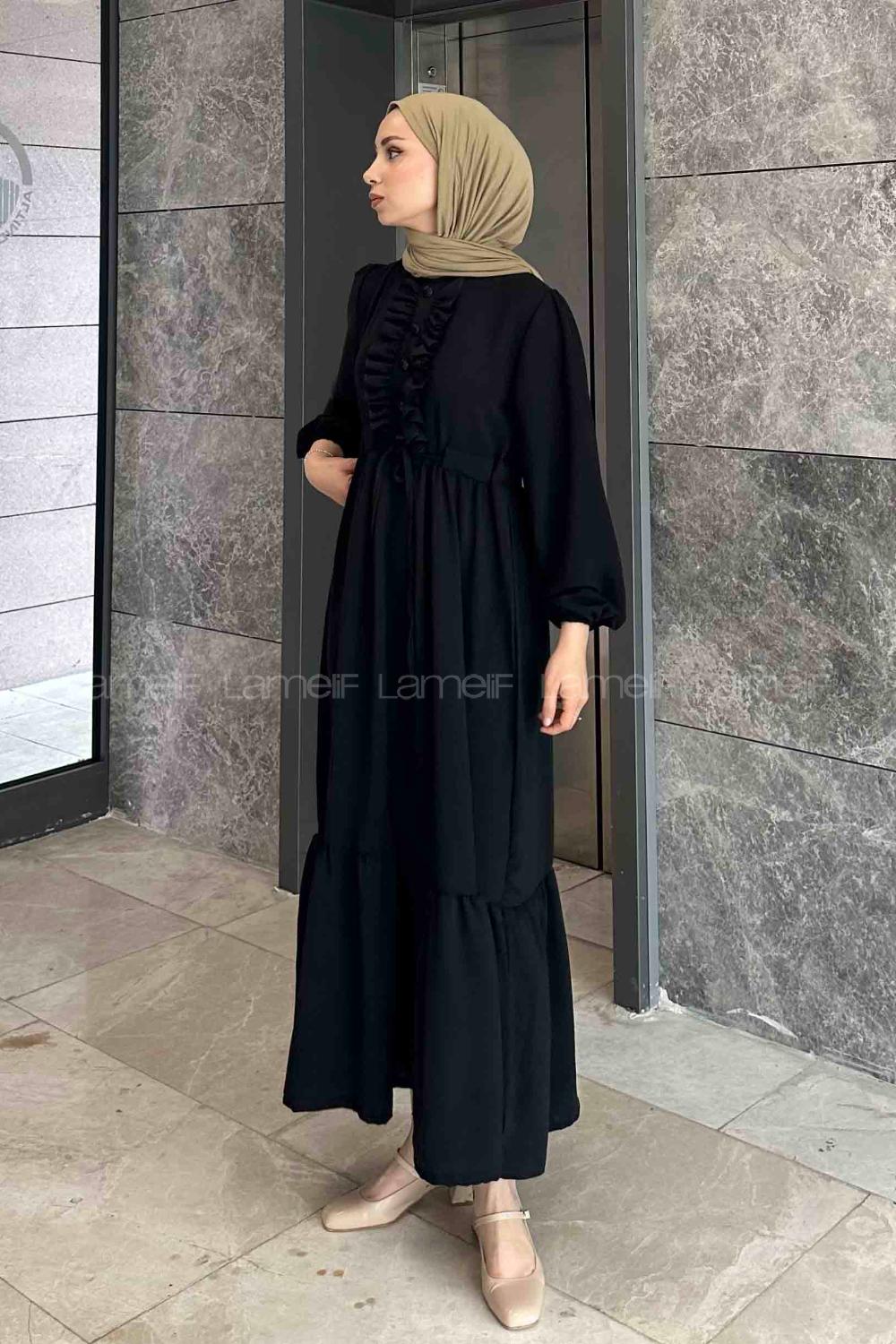 Lamelif Fırfır Detaylı Tünel Kemerli Elbise Siyah