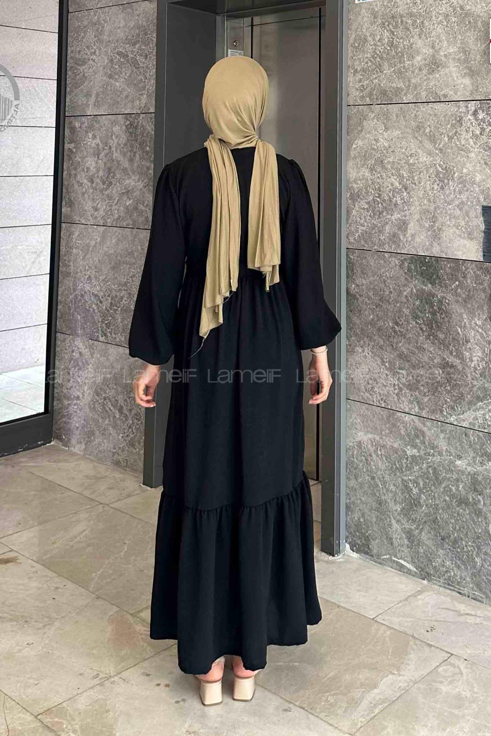 Lamelif Fırfır Detaylı Tünel Kemerli Elbise Siyah