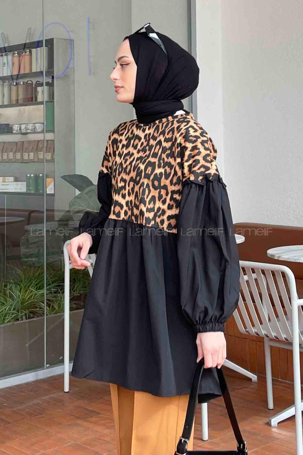 Black Medium Crew Neck Poplin Fabric Printed Tunic