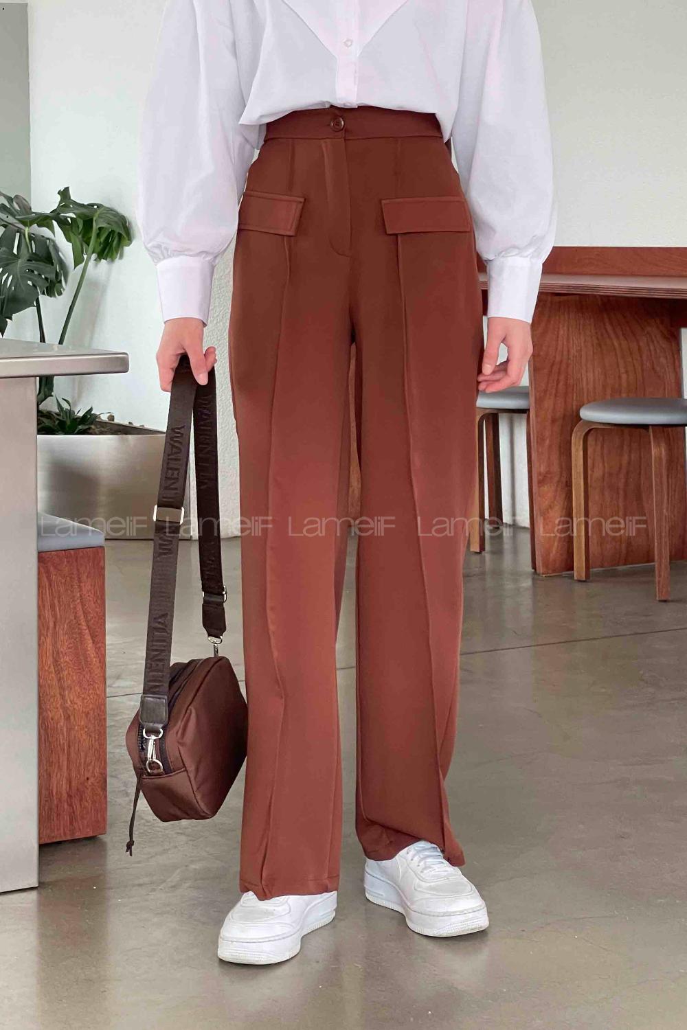 Lamelif Ön Kapak Cep Detaylı Çimalı Pantalon Kahverengi