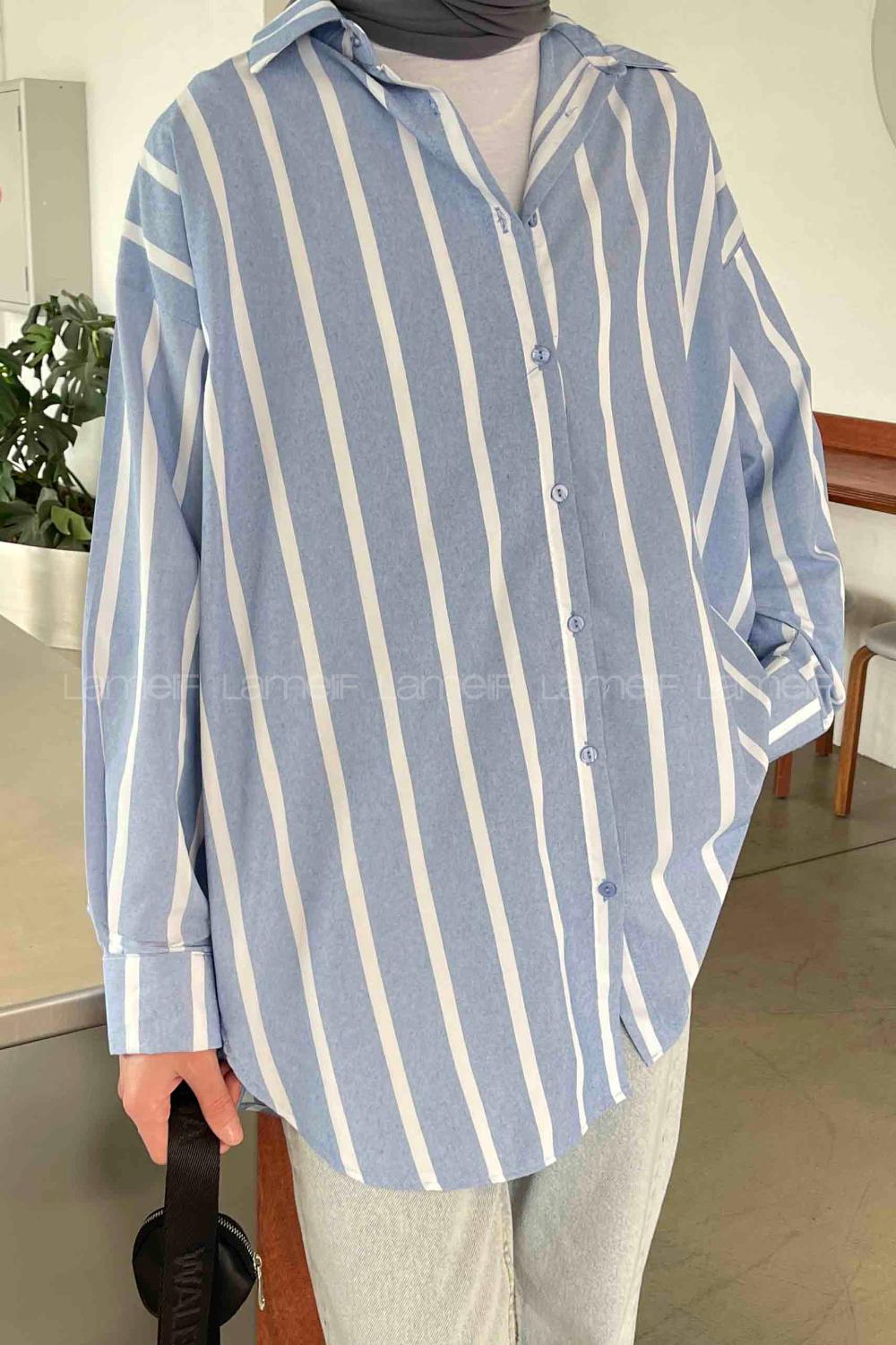 Lamelif Oversize Kalın Çizgi Detaylı Gömlek Mavi