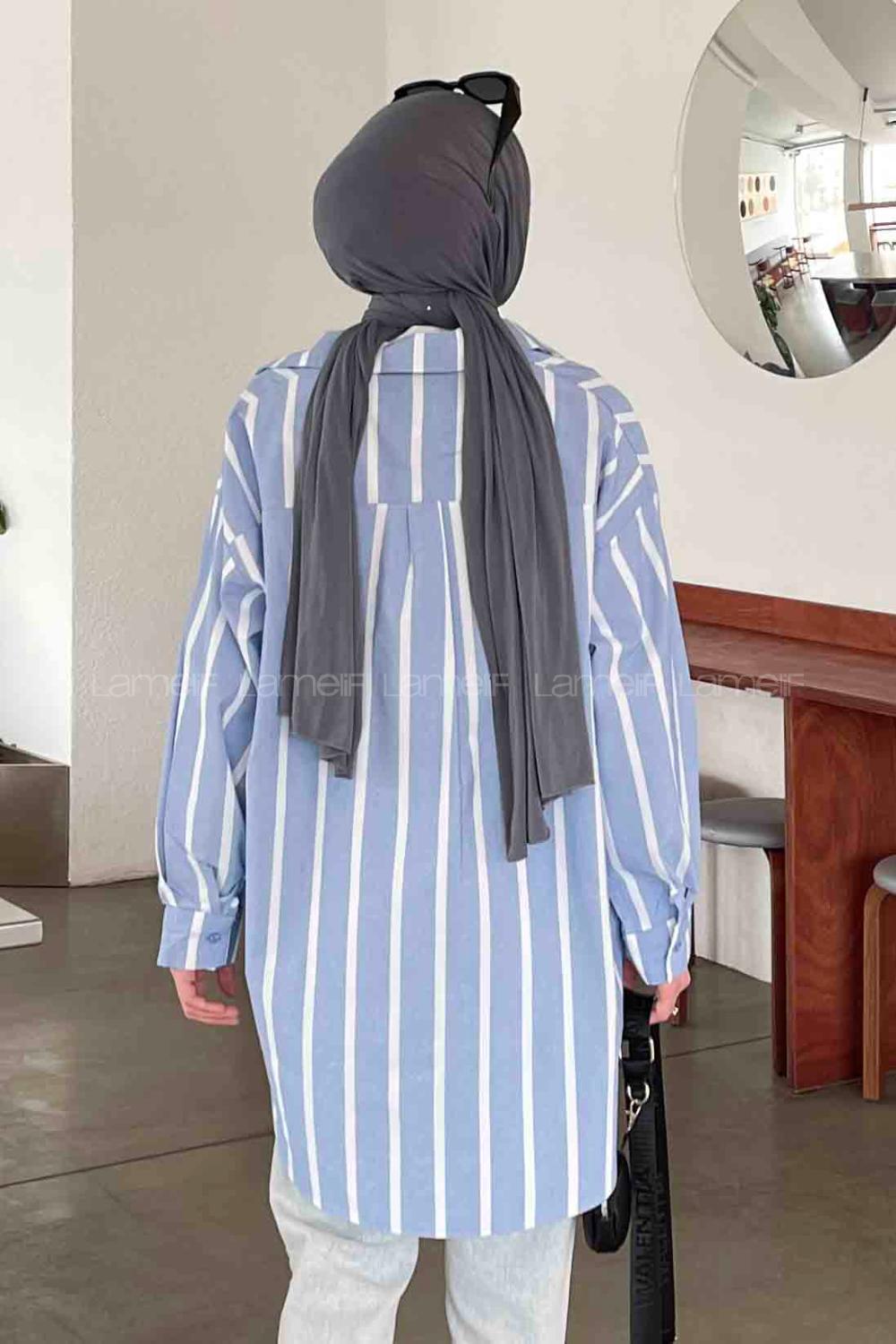 Lamelif Oversize Kalın Çizgi Detaylı Gömlek Mavi