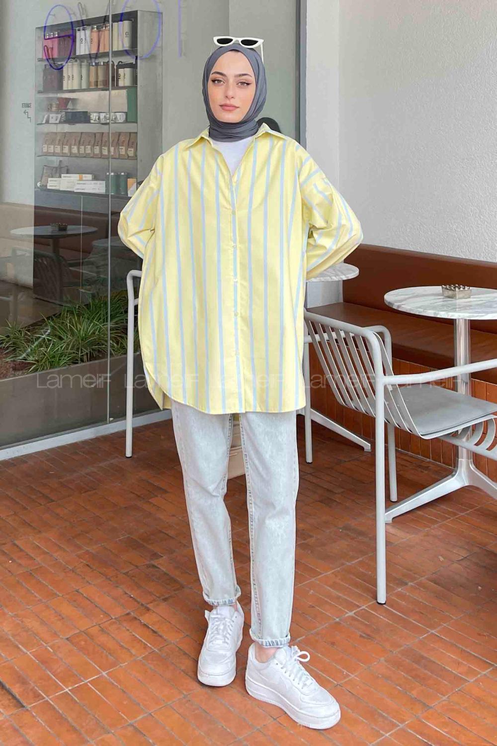 Lamelif Oversize Kalın Çizgi Detaylı Gömlek Sarı