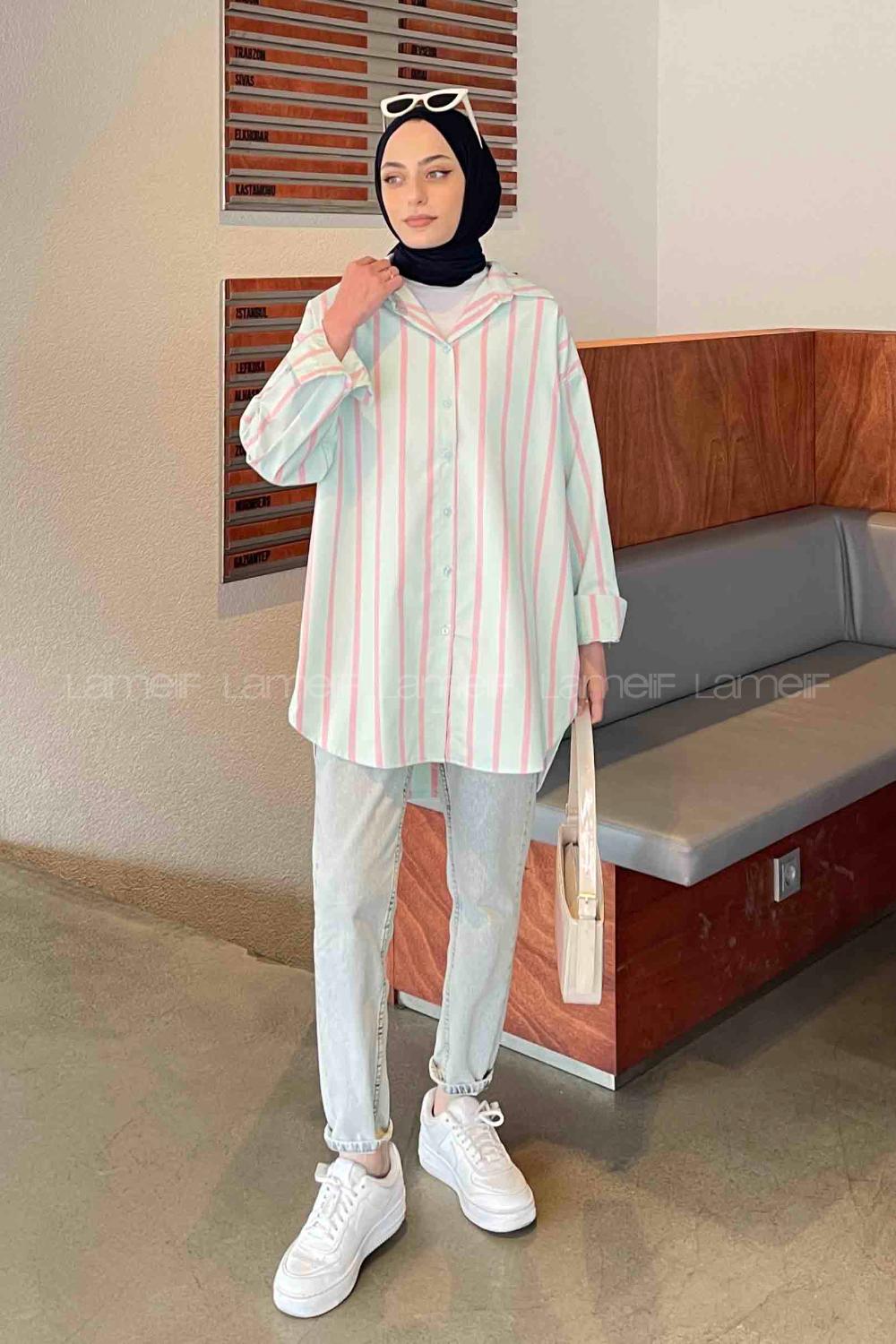 Lamelif Oversize Kalın Çizgi Detaylı Gömlek Su Yeşili